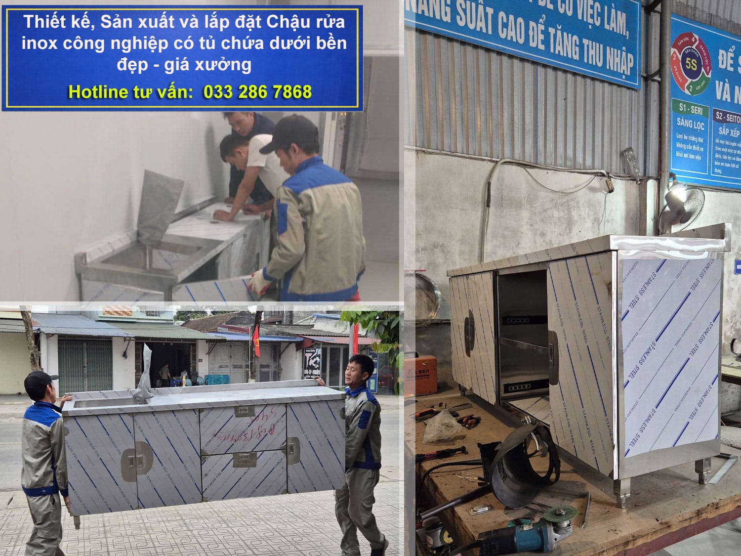 Chậu rửa inox công nghiệp có tủ chứa dưới bền đẹp giá xưởng